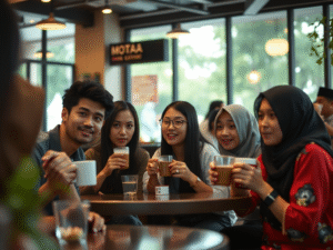 AI-generated. Second Wave Kopi -Sekelompok pemuda menikmati kopi di kafe.