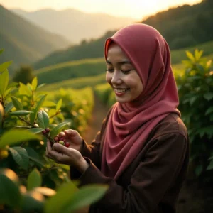 young muslim acehnese girl picking coffee berries from mountaineous coffee plantation-tokokopih__79479
