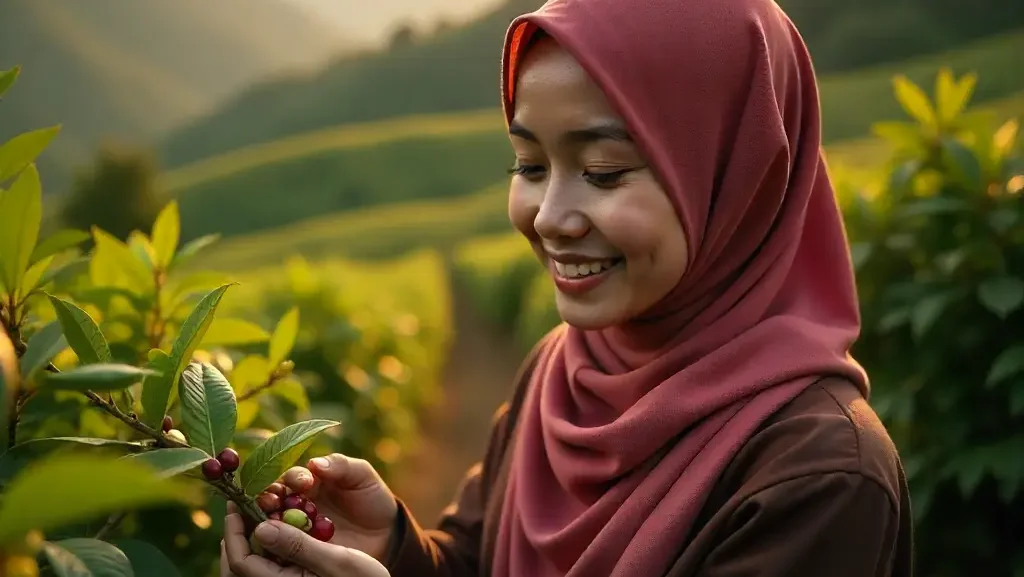 young-muslim acehnese girl picking coffee berries from mountaineous coffee plantation-tokokopih__79479