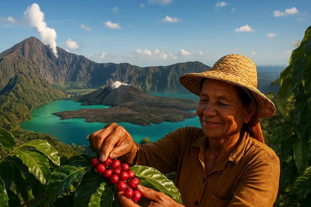 Indonesian Lady picking coffee from Mount Renjani__by Copilot_20250915_191822