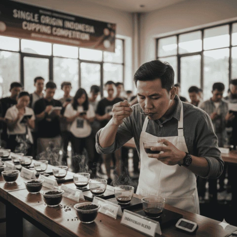 Ilustrasi cupping kopi Indonesia Wajamala_Tokokopih.com dengan Gemini